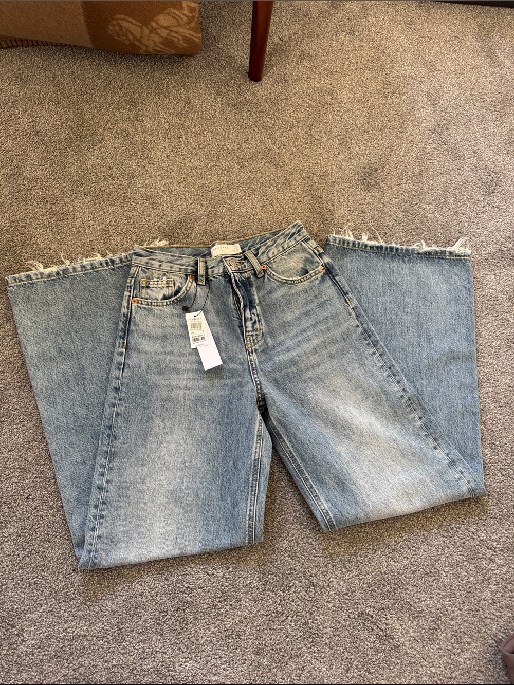 Topshop Light Blue Wide-Leg Frayed Hem Jeans